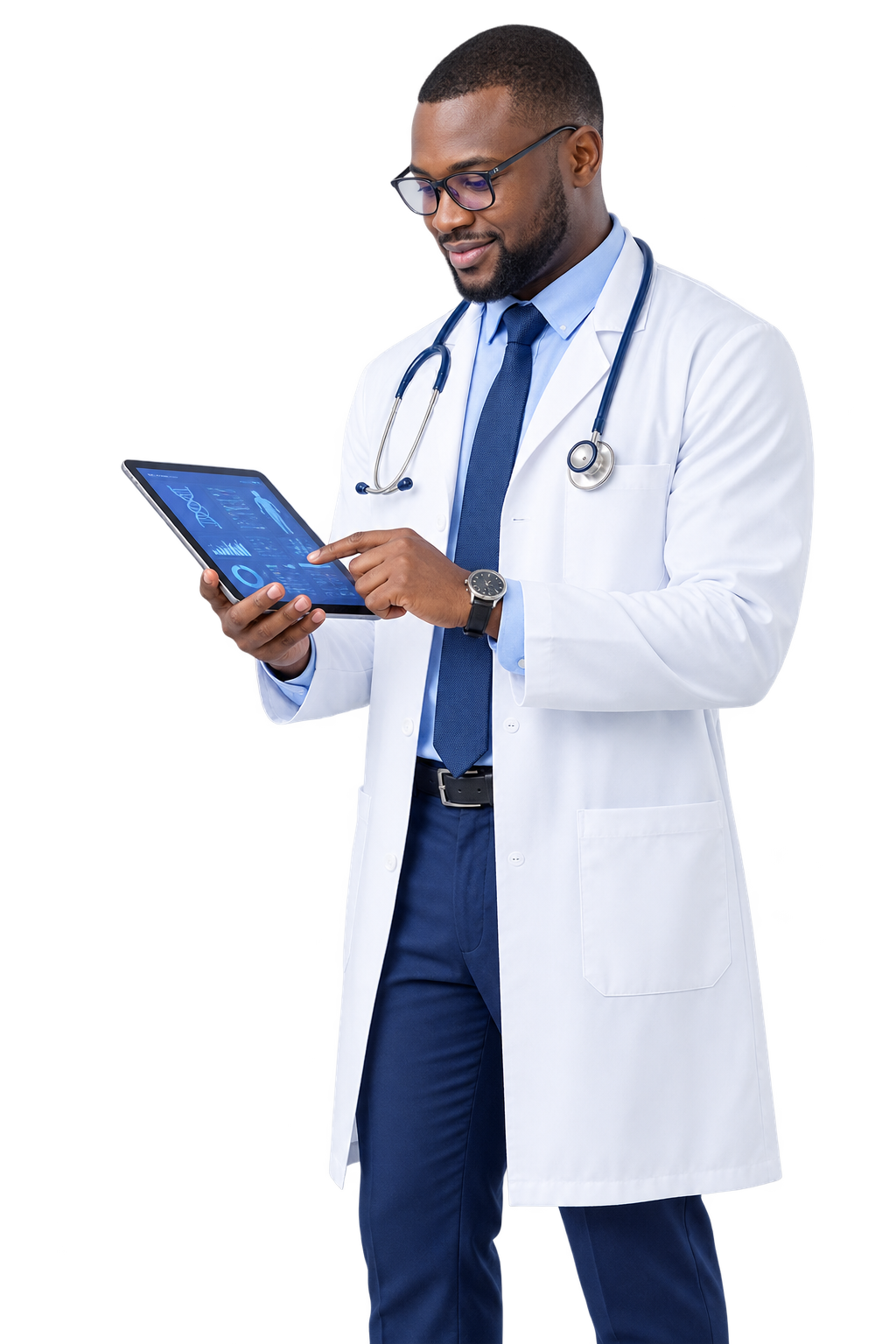 Médecin africain utilisant une tablette médicale